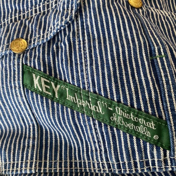 Vintage Key Imperial Blue Pinstripe Conductor Bib Overalls 46x30 - Picture 6 of 13